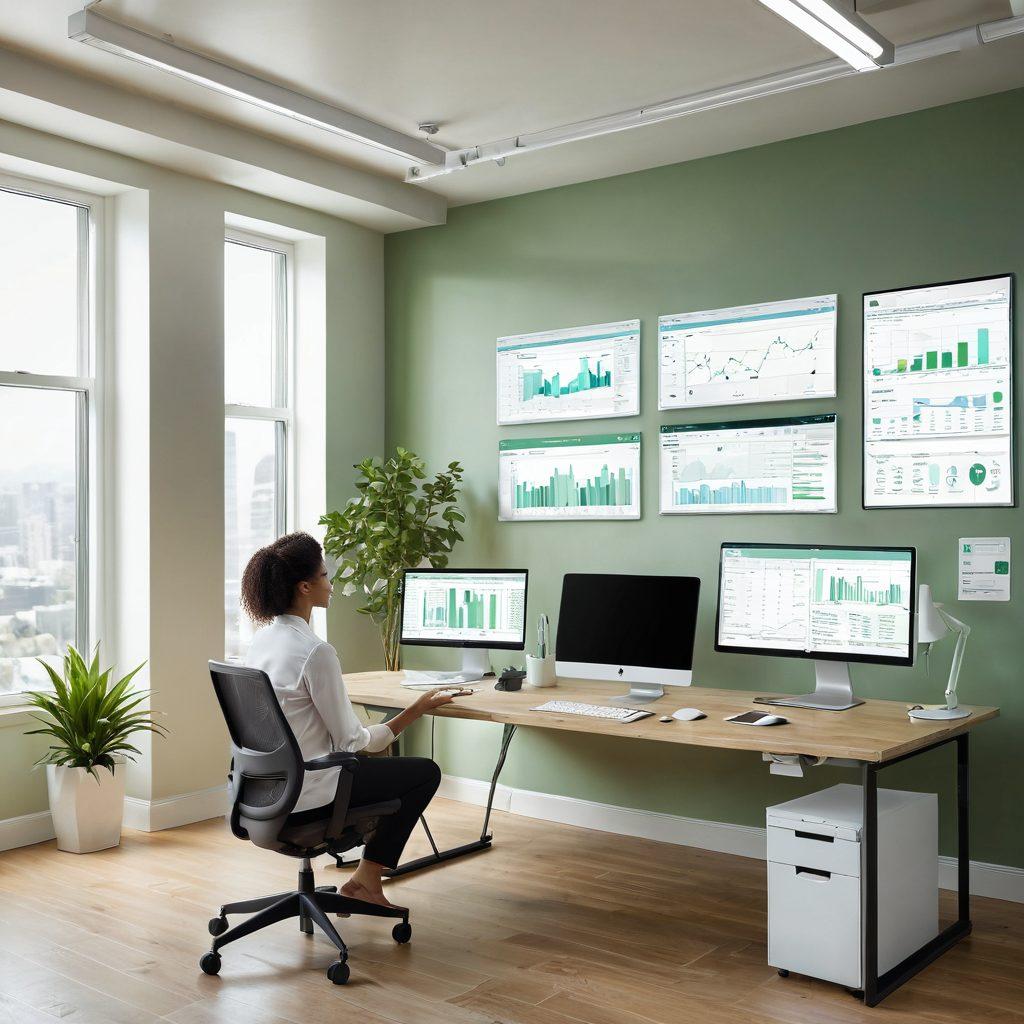 A serene office environment featuring a sleek, modern workstation with digital financial tools elegantly displayed. Include a person smiling as they engage with a financial dashboard, surrounded by elements that symbolize transformation like gears and upward arrows. Soft, calming colors with touches of green to symbolize growth and tranquility. super-realistic. vibrant colors.