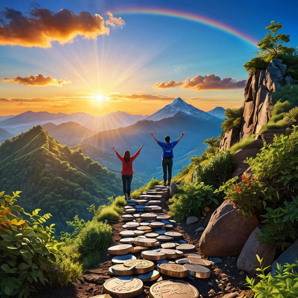 A serene landscape depicting a joyful person standing atop a mountain, with arms raised in triumph, surrounded by lush greenery and a bright blue sky. In the foreground, a winding pathway made of coins leading to a sunrise symbolizing financial growth. Incorporate vibrant colors and elements representing financial strategies, like charts and dollar signs, blending harmoniously with nature. super-realistic. vibrant colors. 3D.