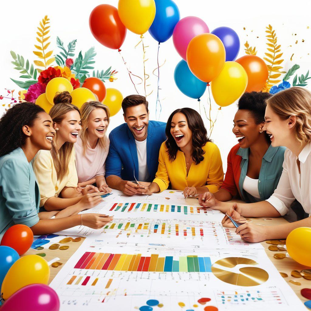 A vibrant and colorful illustration featuring a diverse group of people joyfully collaborating around a large table filled with charts, gold coins, and party decorations. The scene depicts a balance between joyous celebration and thoughtful planning, with bright balloons and cheerful expressions. Include elements of financial success like upward arrows and blooming plants symbolizing growth. super-realistic. vibrant colors. white background.